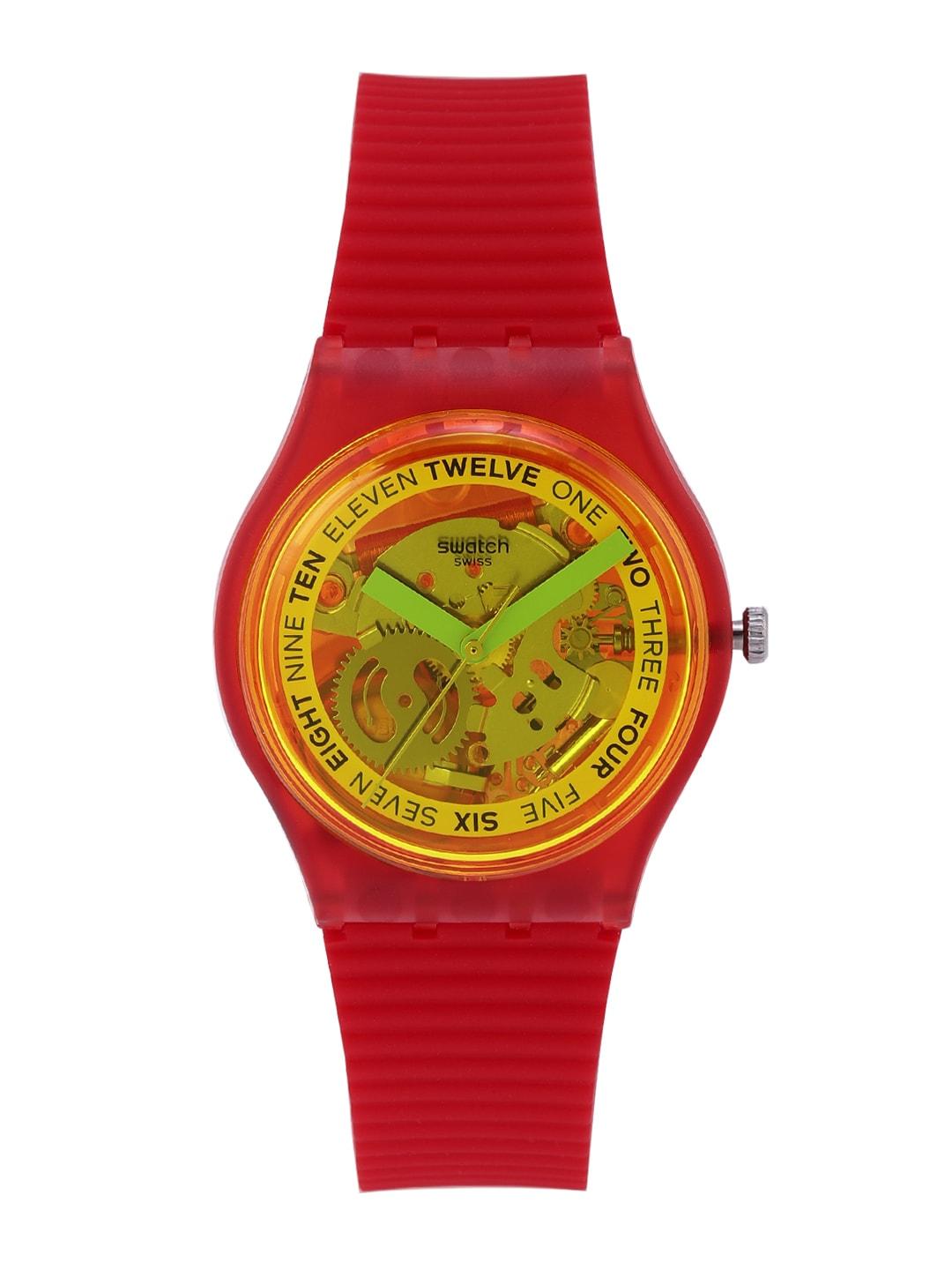 Swatch Women Transparent Retro-Rosso Swiss Made Skeleton Water Resistant Analogue Watch GR185