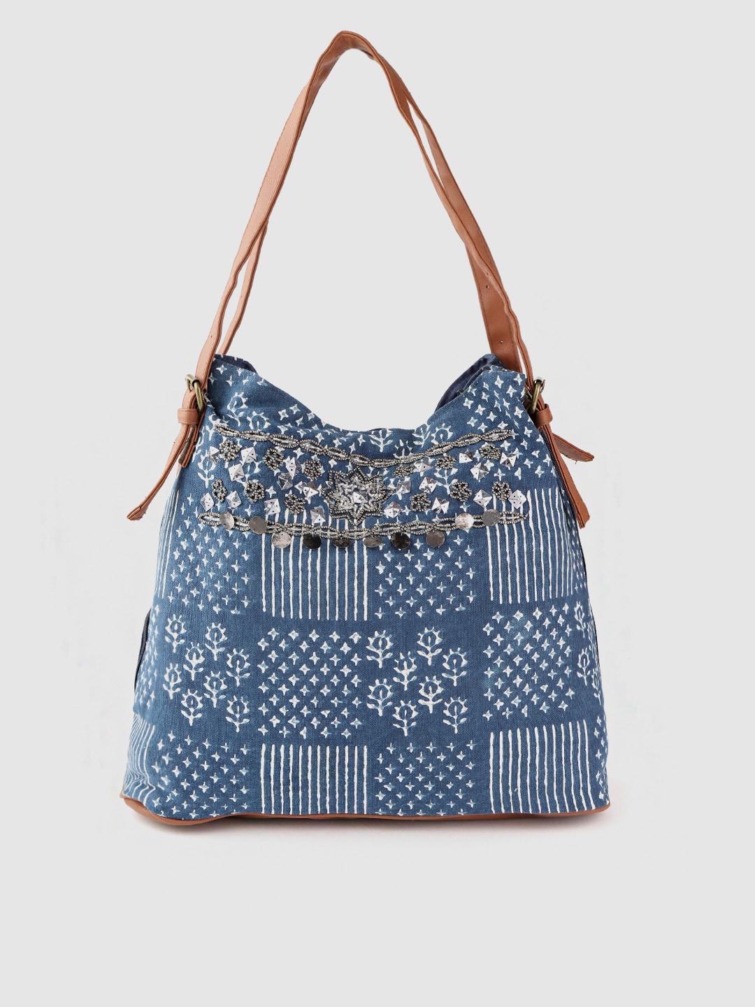 Anouk Blue & White Sequinned Ethnic Print Shoulder Bag