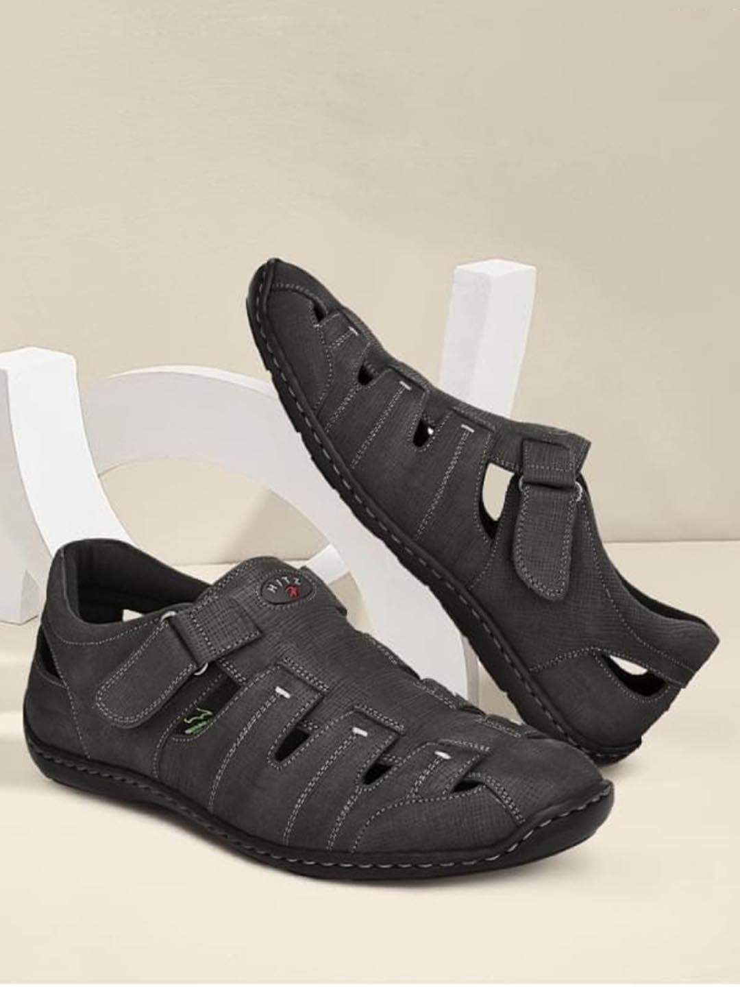 Hitz Men Black Leather Shoe-Style Sandals