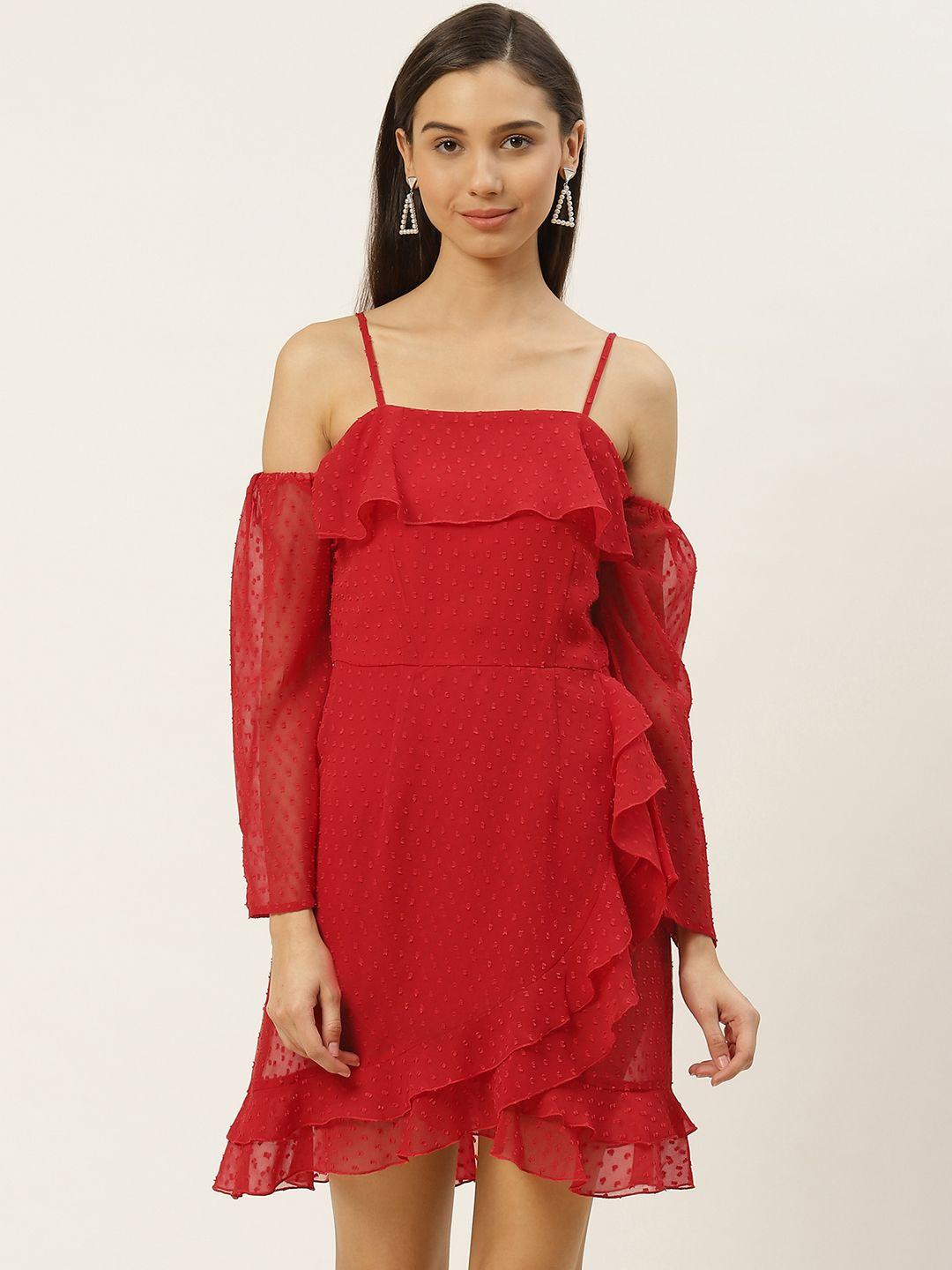 dodo-&-moa-women-red-dobby-weave-ruffled-a-line-semi-sheer-dress-with-cold-shoulder-sleeve