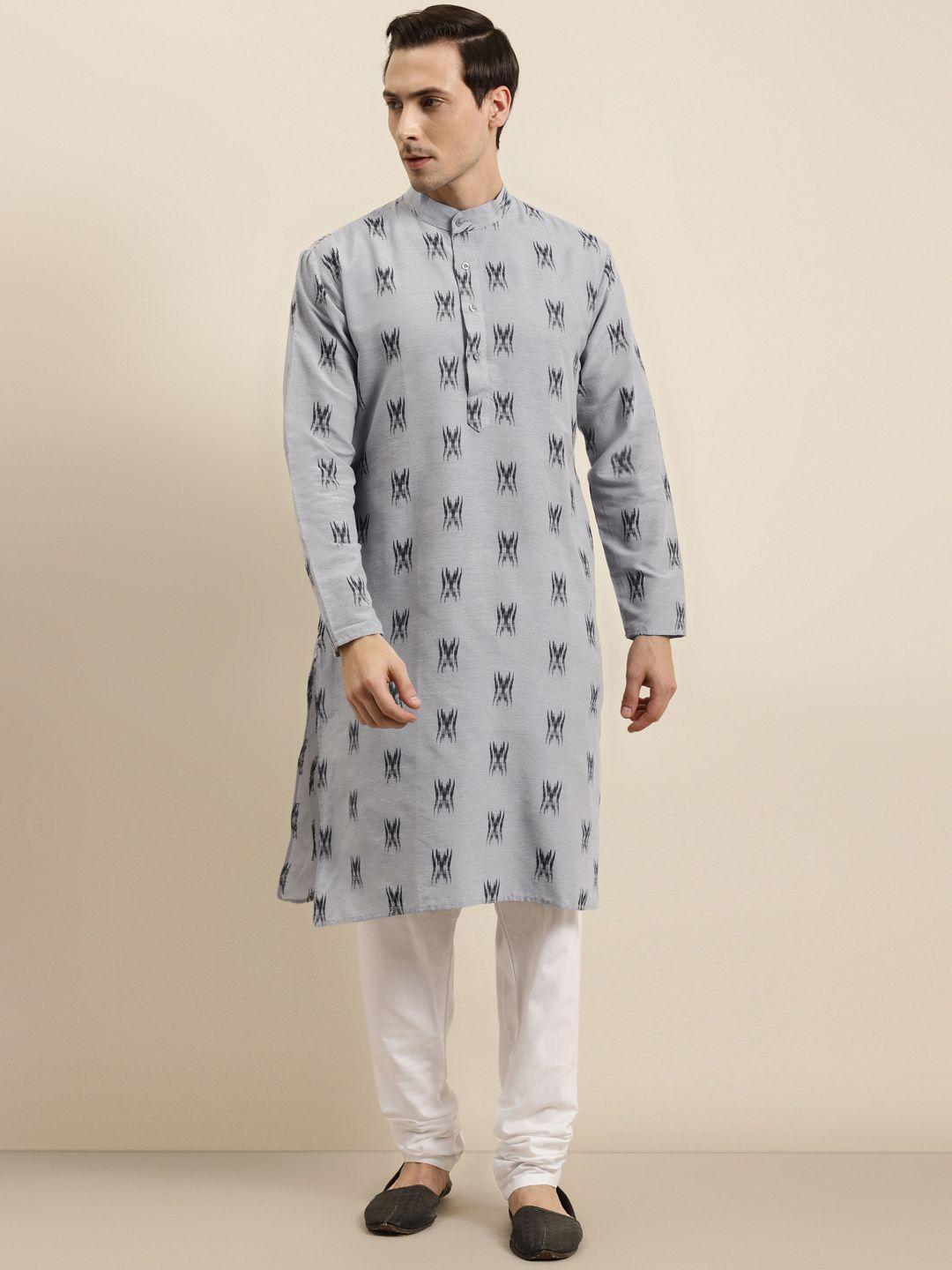 SOJANYA Men Grey & Black Ikat Woven Design Pure Cotton Kurta with Churidar
