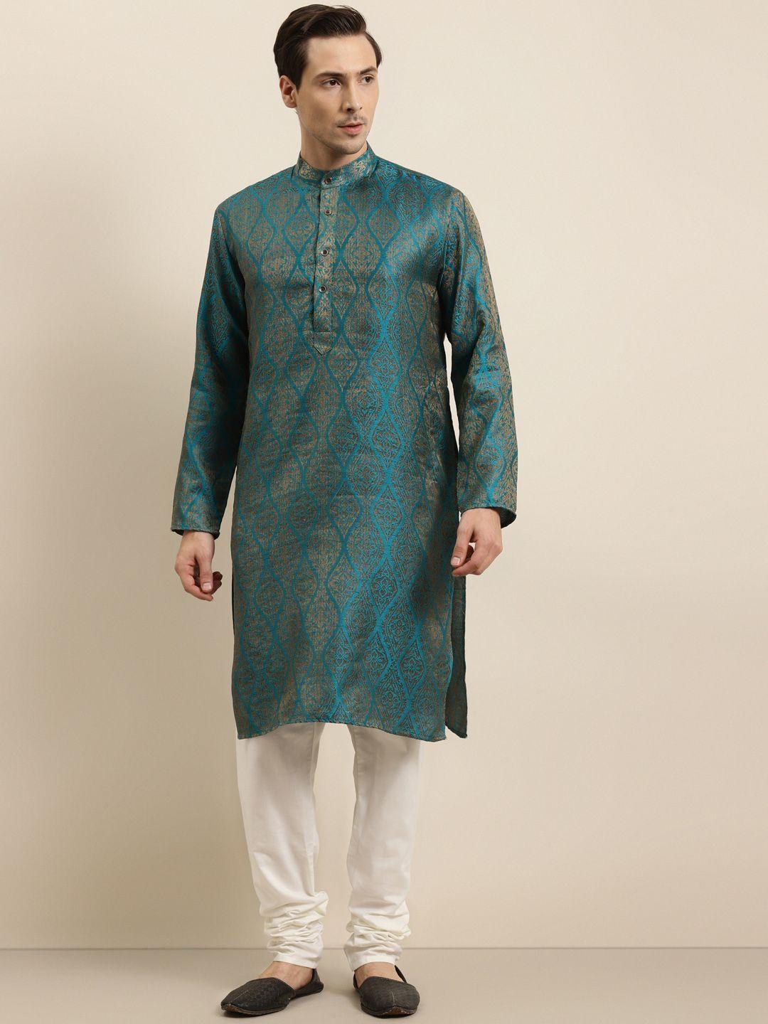 sojanya-men-teal-blue-&-off-white-woven-design-kurta-with-churidar