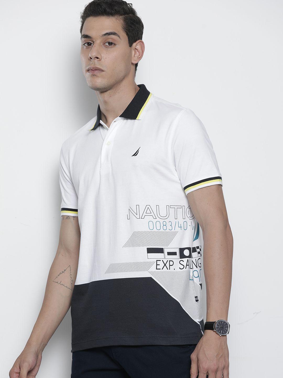 Nautica Men White  Black Colourblocked Polo Collar Pure Cotton T-shirt with Printed Detail