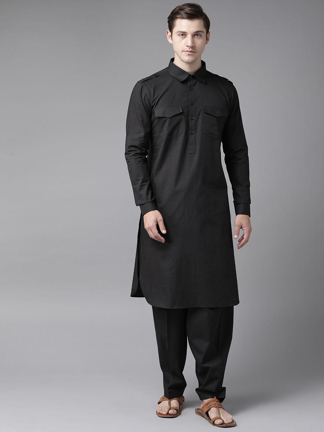 See Designs Men Black Solid Pure Cotton Solid Pathani Kurta with Salwar