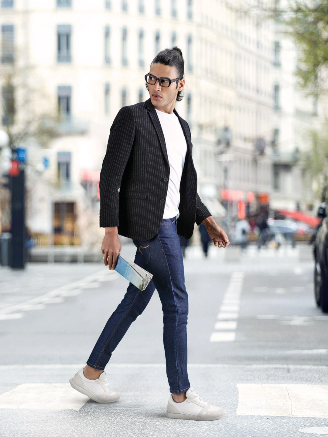 Louis Philippe Sport Men Black & White Slim Fit Self-Design Single-Breasted Blazer