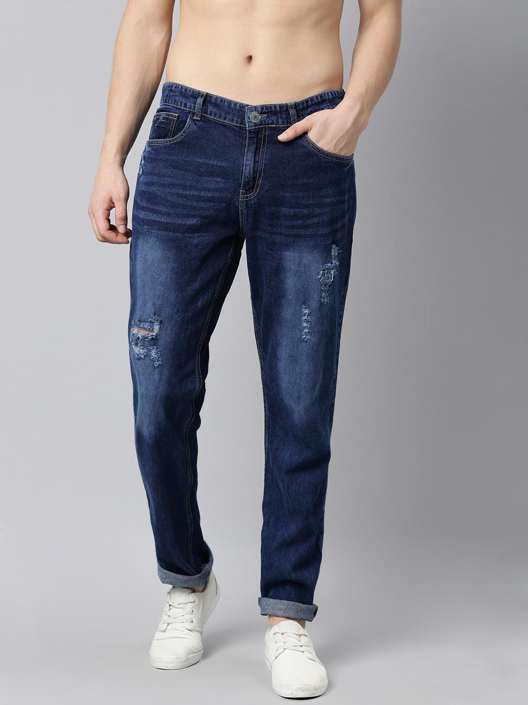 Harvard Men Navy Blue Slim Fit Mildly Distressed Light Fade Stretchable Jeans