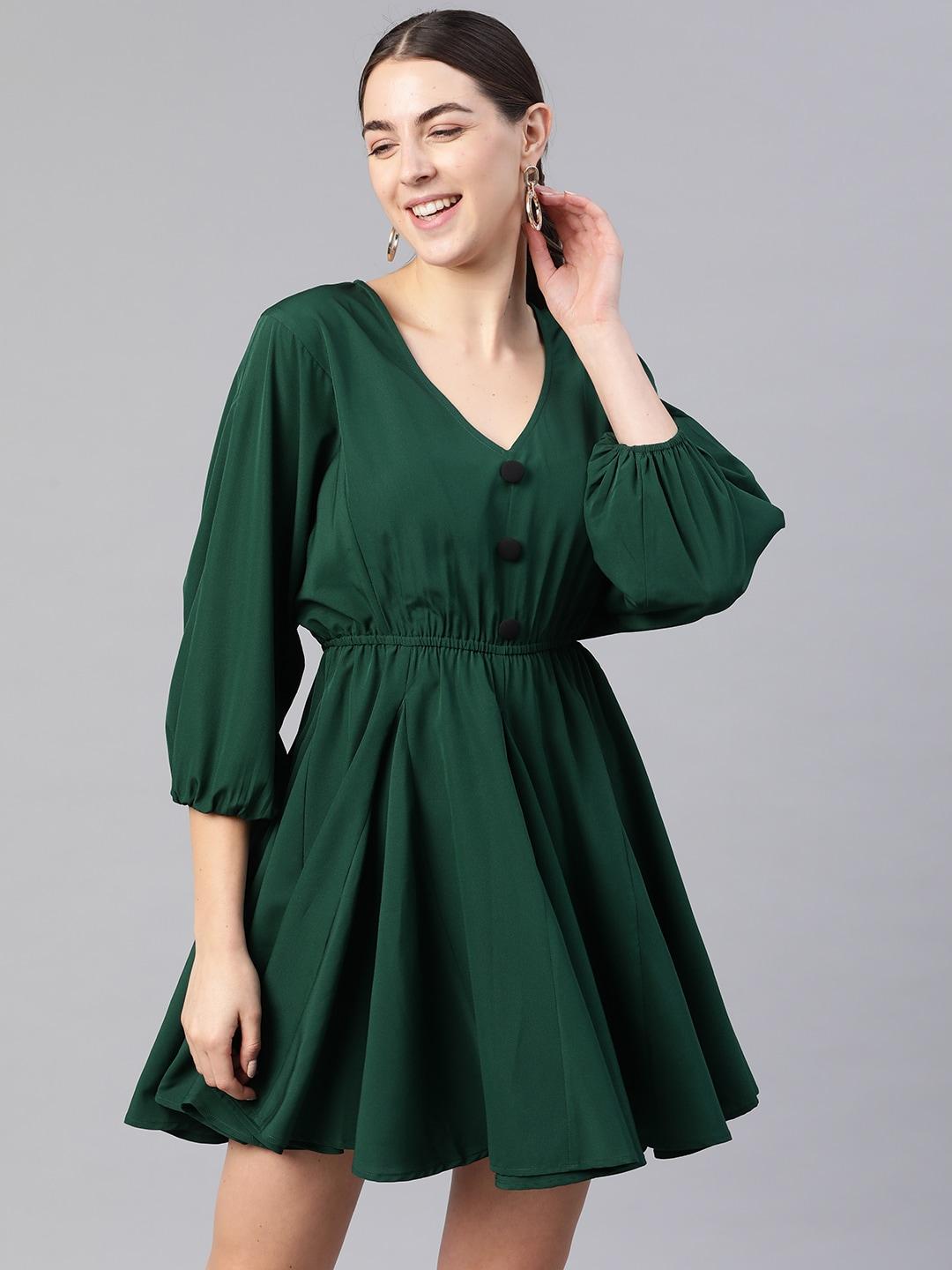 KASSUALLY Women Green Solid Fit & Flare Dress