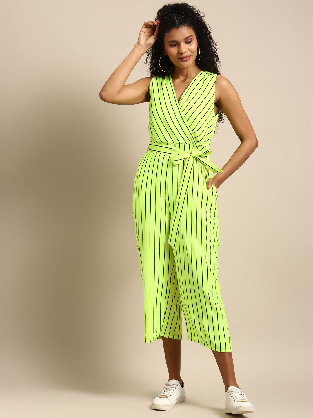 dodo-&-moa-women-lime-green-&-black-striped-basic-cropped-wrap-jumpsuit