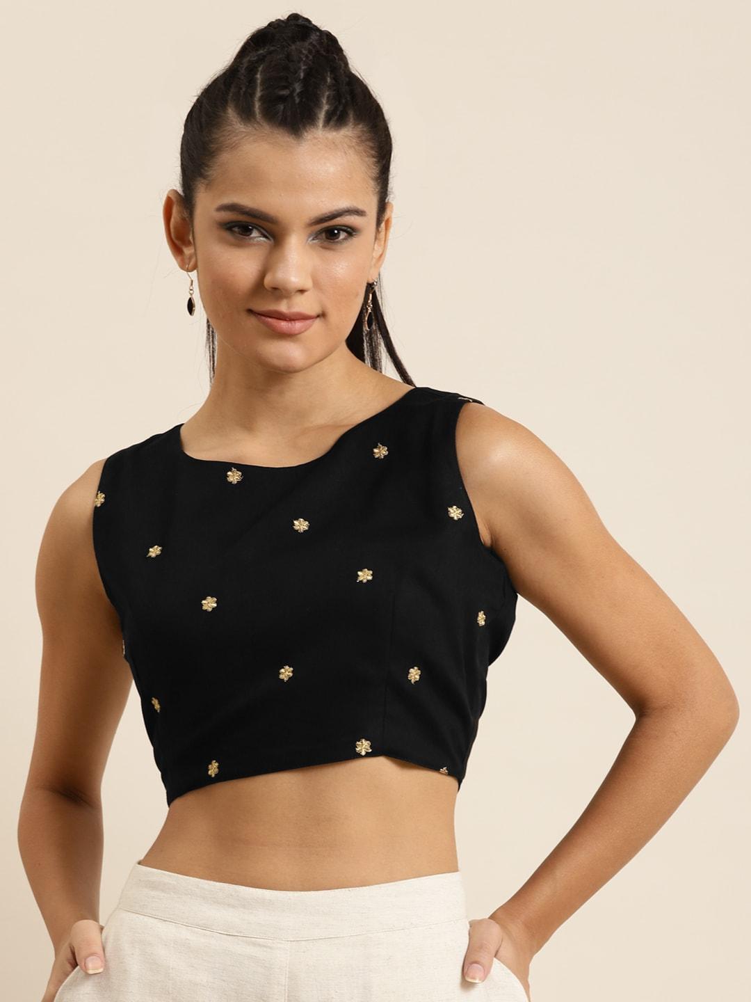 Shae By Sassafras Black & Golden Geometric Embroidered Liva Fitted Crop Top
