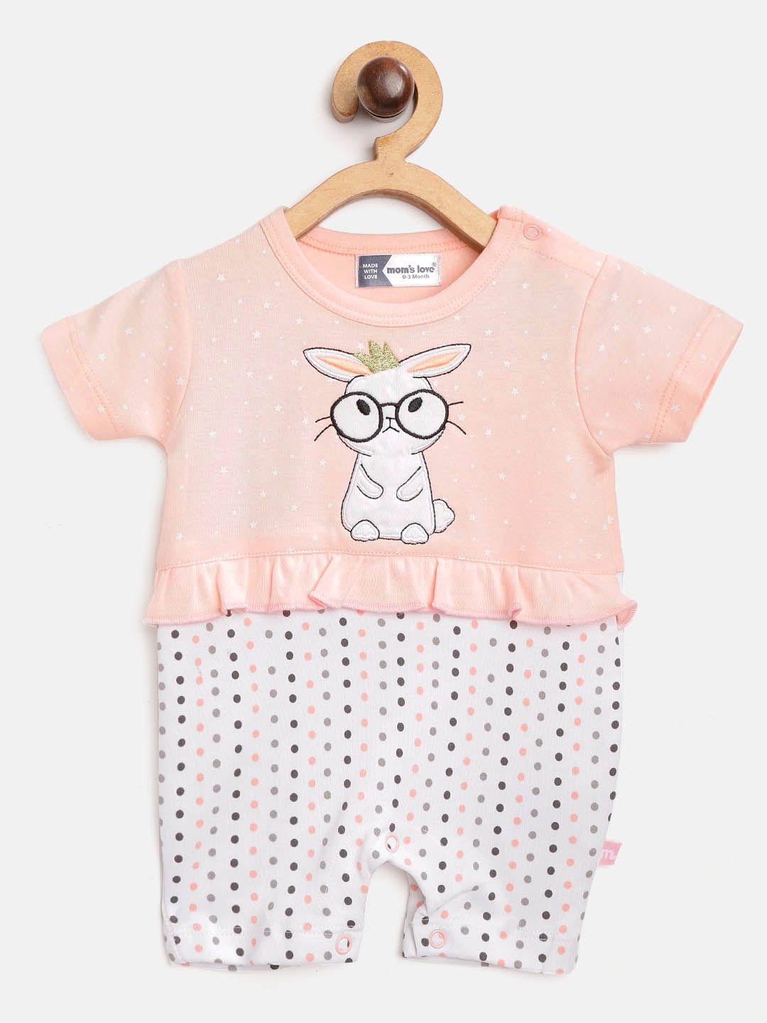 moms-love-infant-girls--peach-coloured-&-white-polka-dot-print-pure-cotton-rompers