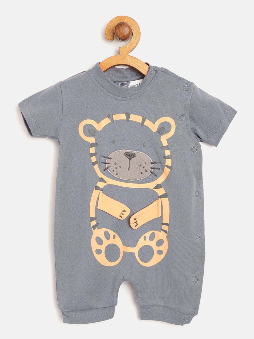 Moms Love Infant Boys Charcoal Grey & Yellow Teddy Print Pure Cotton Rompers