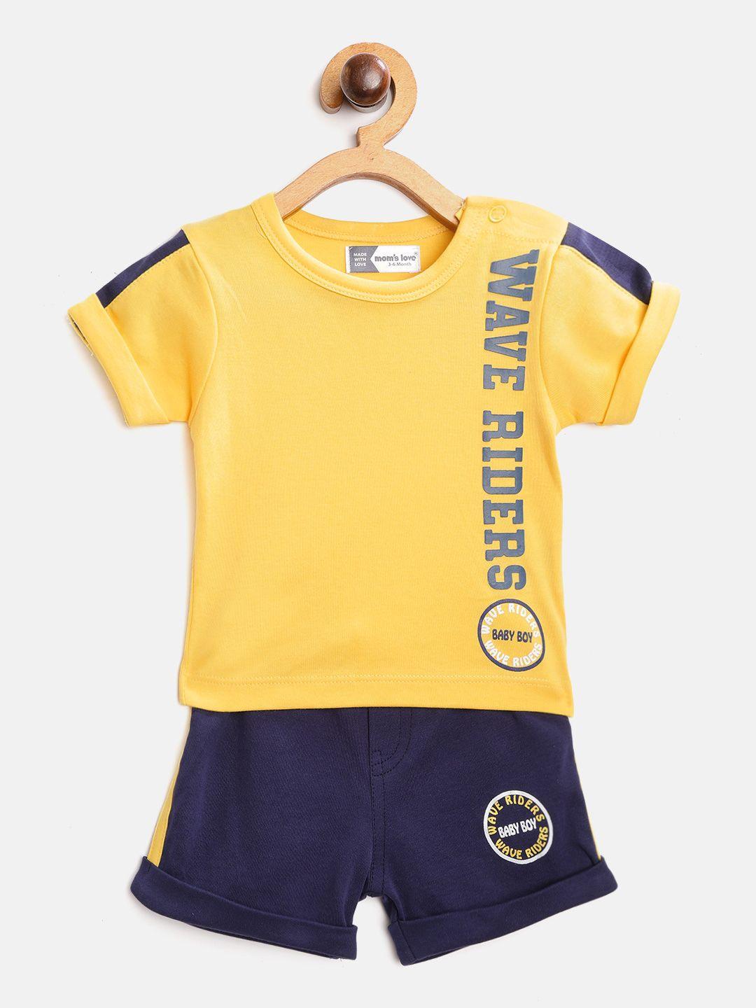 Moms Love Infant Boys Yellow & Navy Pure Cotton Placement Print T-shirt with Shorts
