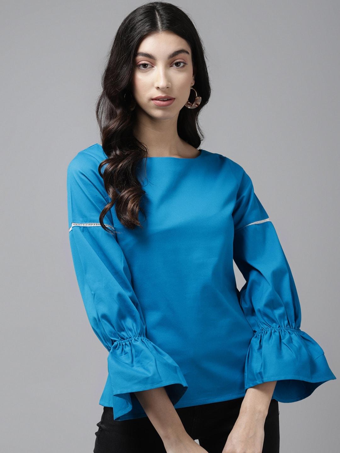 cayman-blue-solid-bell-sleeves-pure-cotton-regular-top