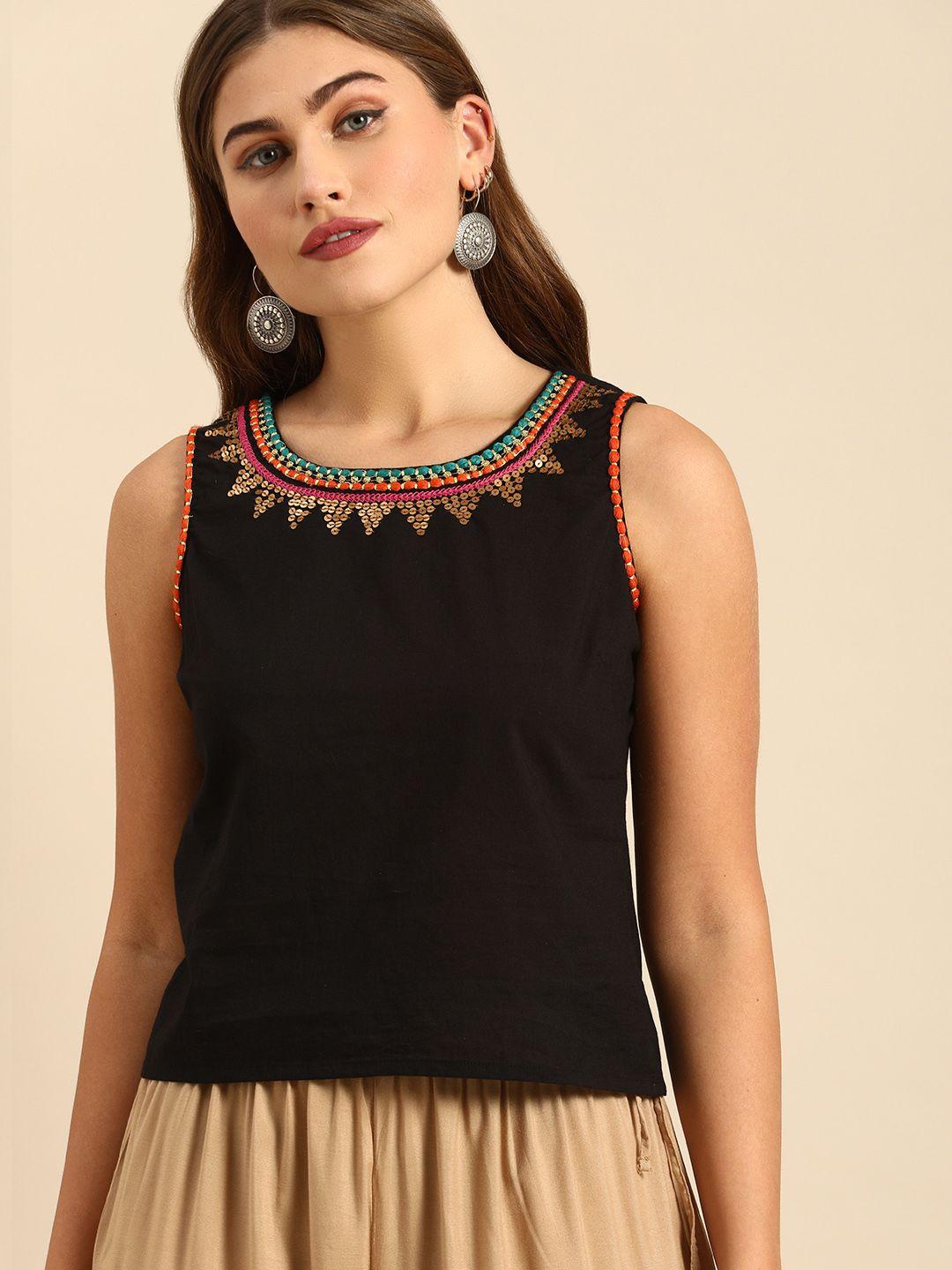 varanga-black-pure-cotton-regular-top-with-sequin-detailing