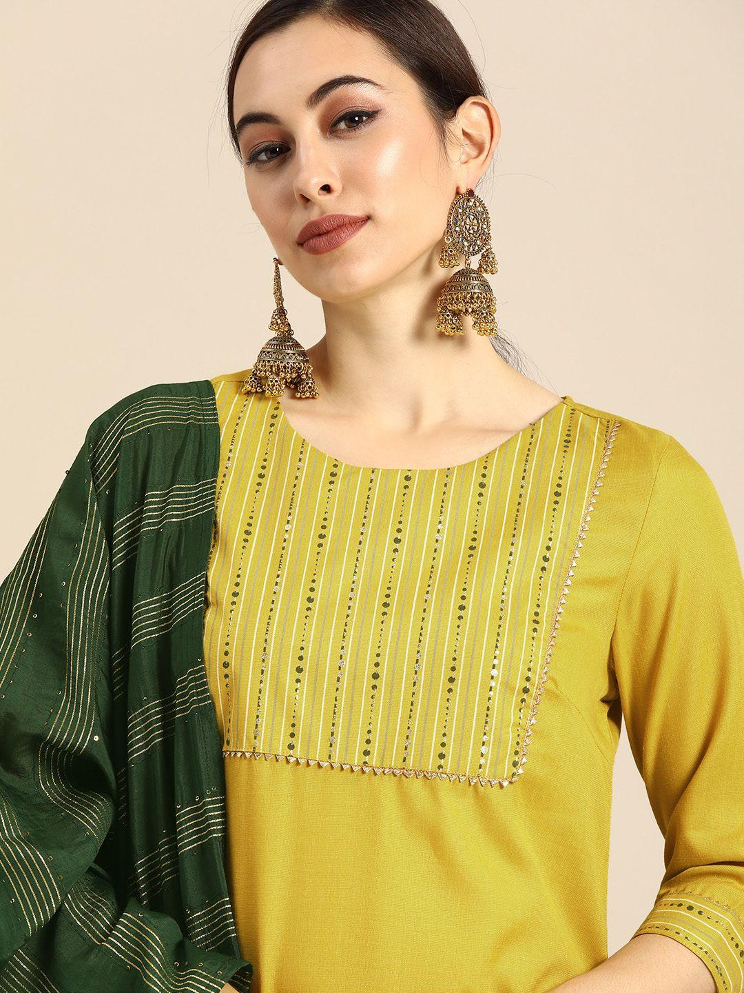 anouk-women-mustard-yellow-yoke-design-foil-printed-kurta-with-trousers-&-dupatta