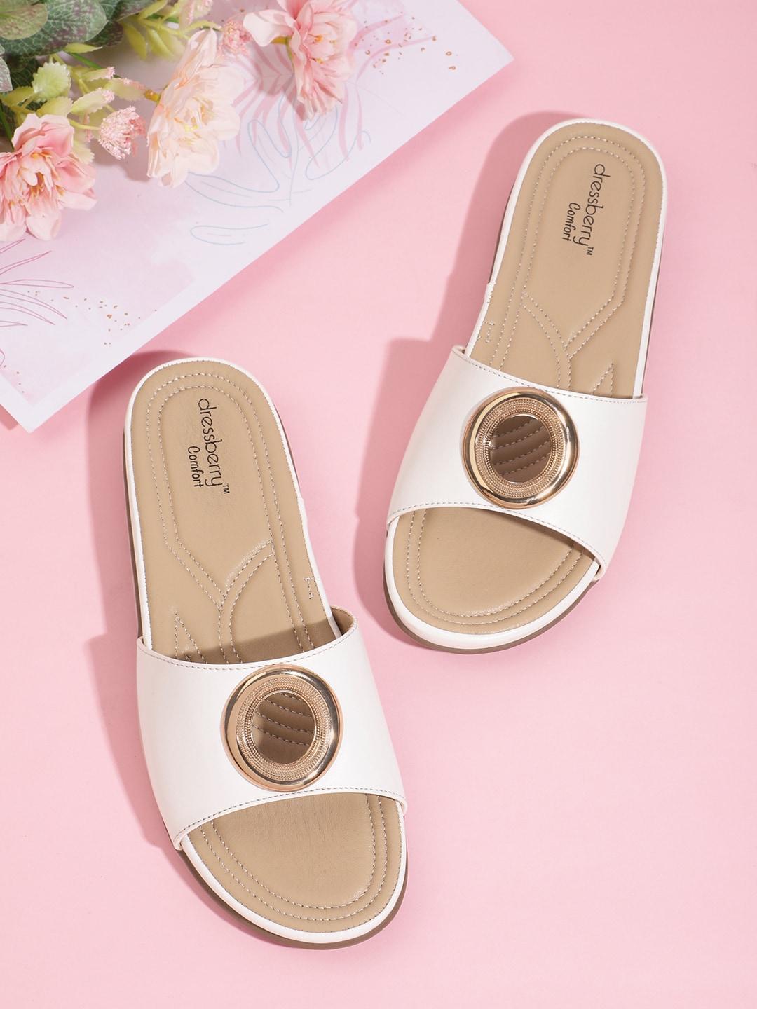 DressBerry Women White & Rose Gold-Toned Solid Cut-Out Open Toe Flats