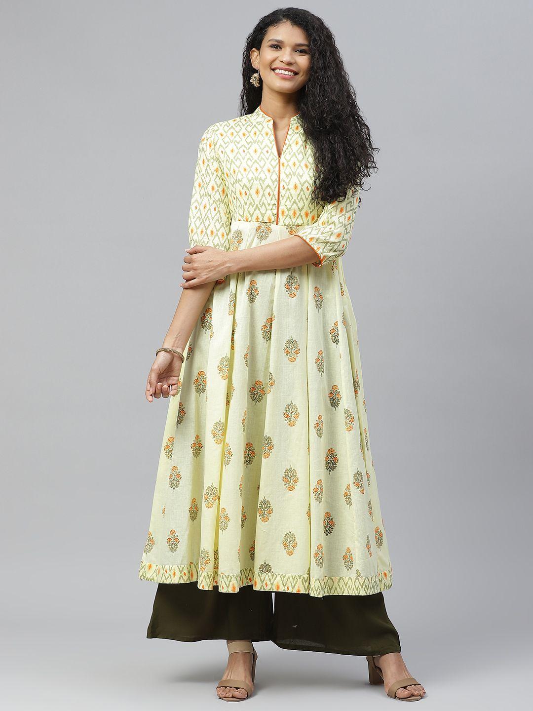 poshak-hub-women-yellow-&-green-ethnic-motifs-print-panelled-cotton-anarkali-kurta