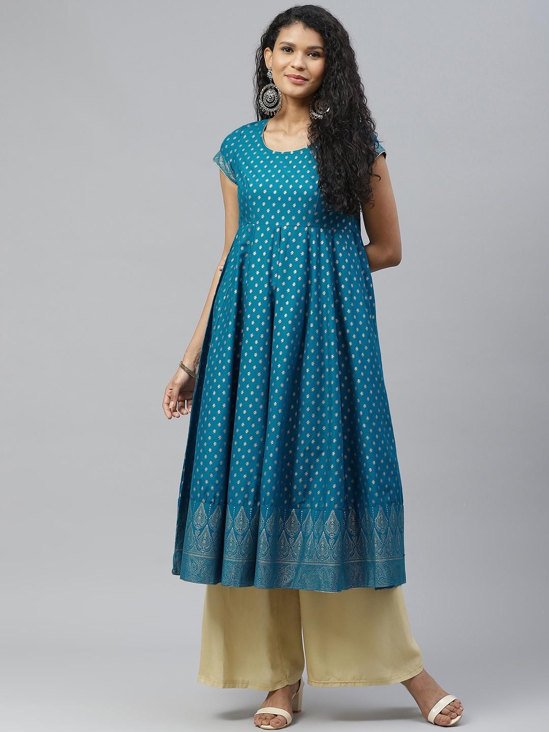 poshak-hub-women-teal-blue-&-golden-ethnic-motifs-printed-pure-cotton-kurta