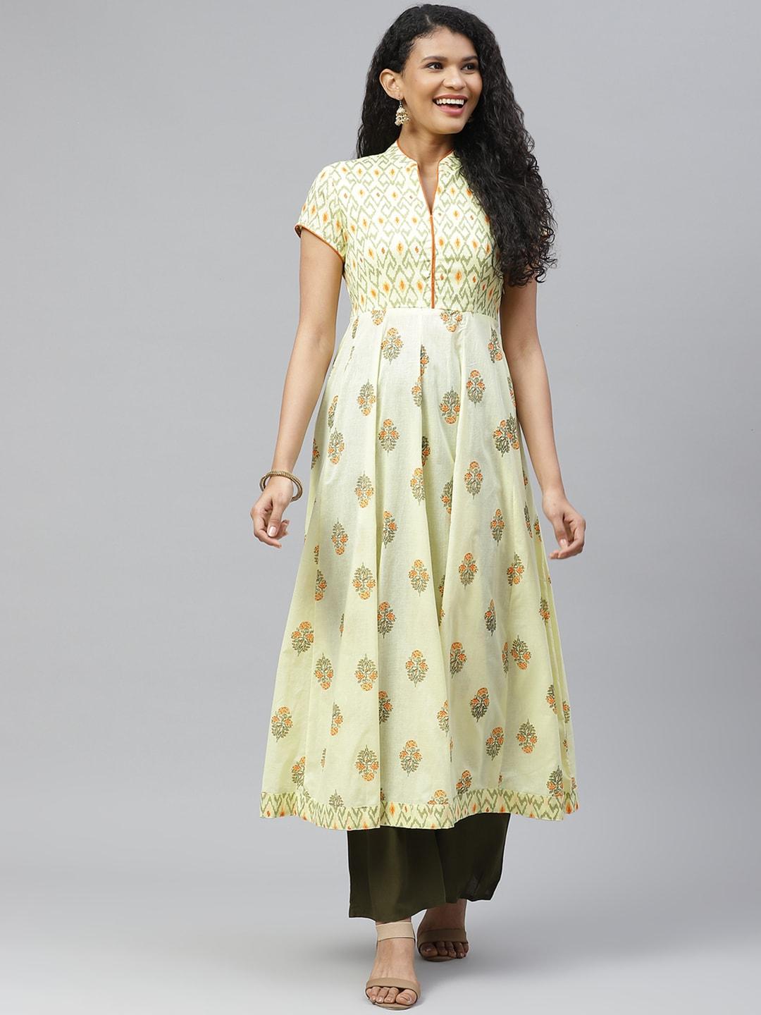 poshak-hub-women-yellow-&-orange-ethnic-motifs-printed-pure-cotton-kurta