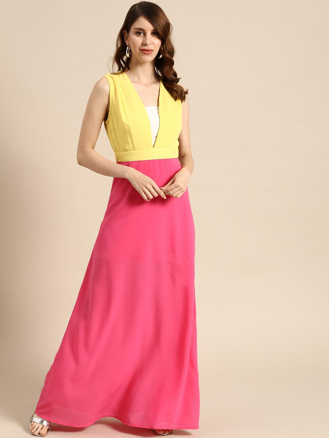 DODO & MOA Women Yellow & Pink Colourblocked Maxi Dress