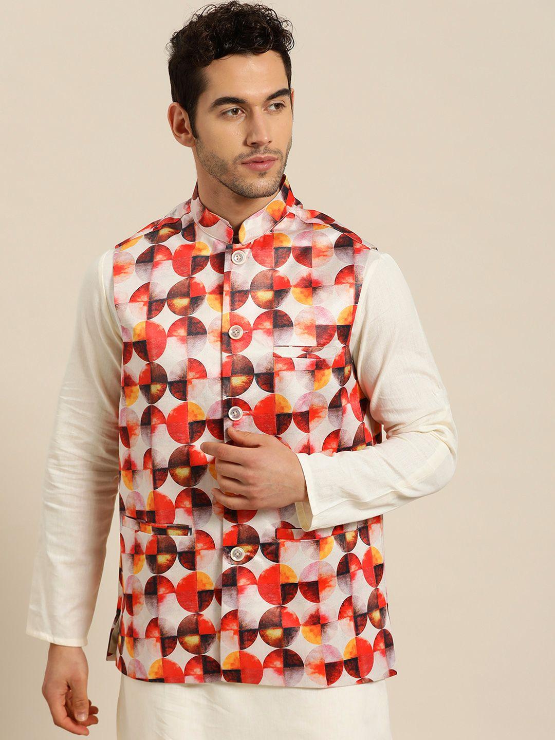 SOJANYA Men Off-White & Orange Printed Nehru Jacket
