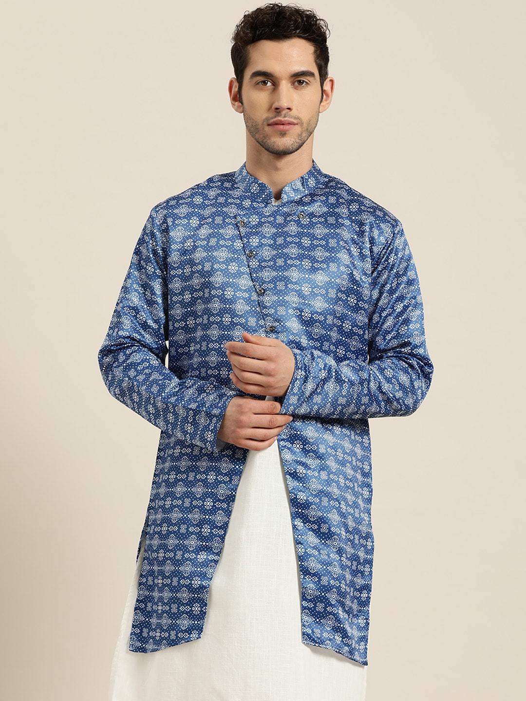 sojanya-men-blue-&-white-ethnic-print-longline-tailored-jacket
