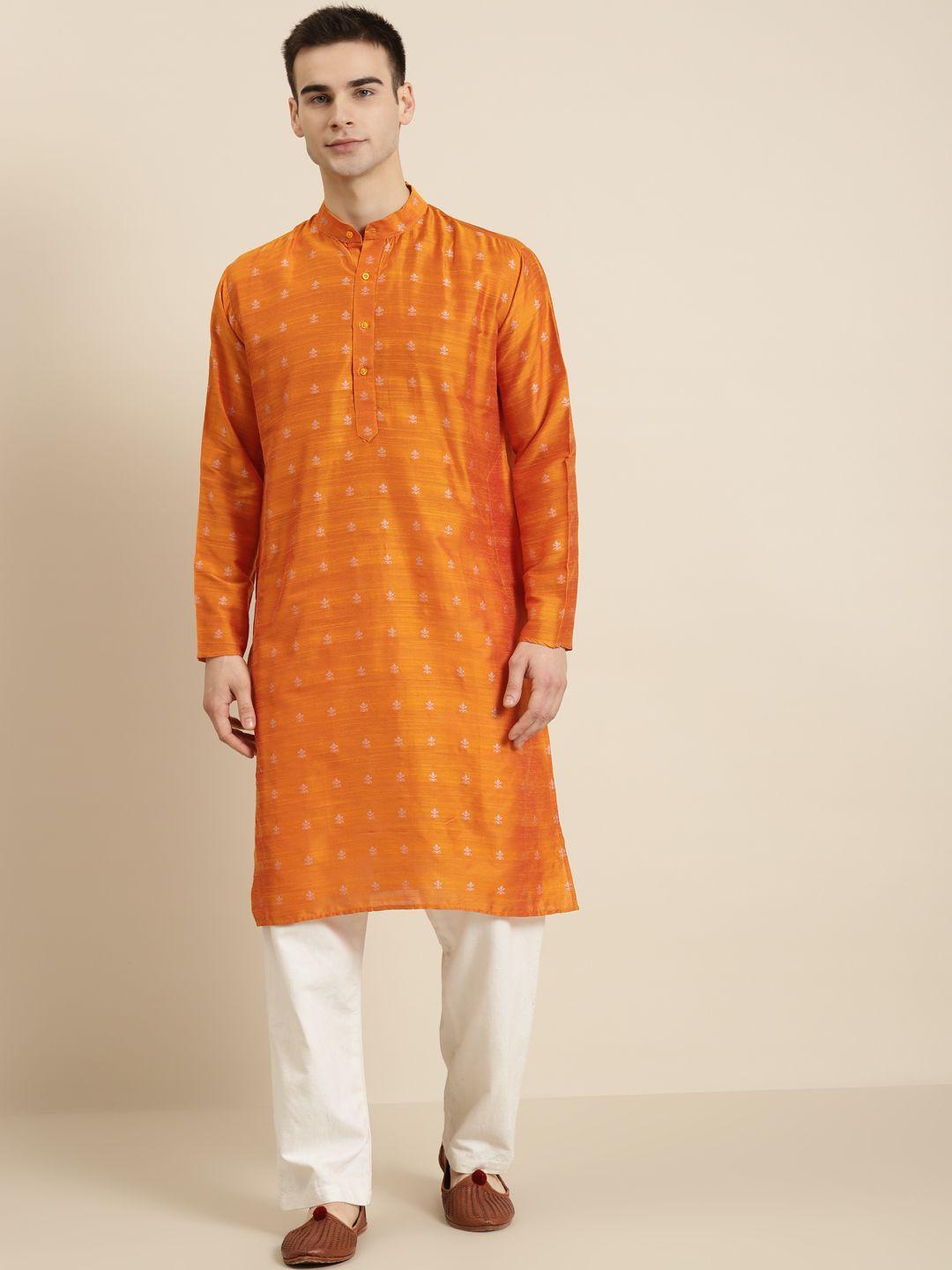 sojanya-men-orange-&-silver-ethnic-motif-woven-design-jacquard-kurta