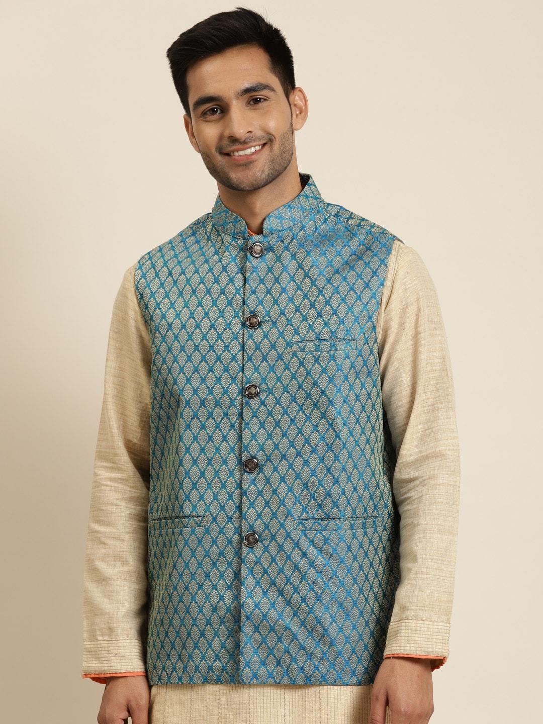Sojanya Men Blue and Beige Jacquard  Woven Design Silk Nehru Jacket
