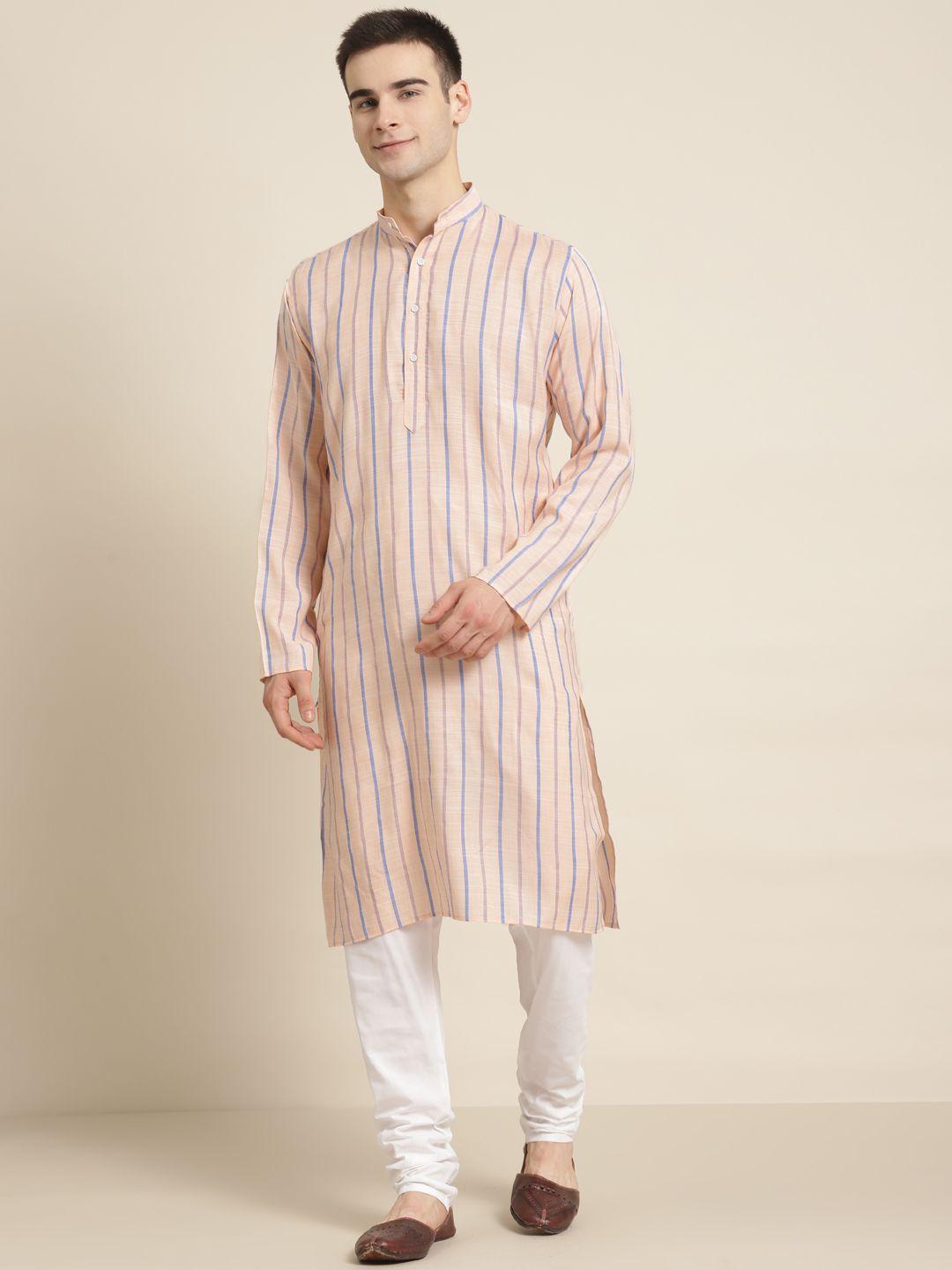 sojanya-men-peach-coloured-&-white-striped-cotton-kurta-with-churidar