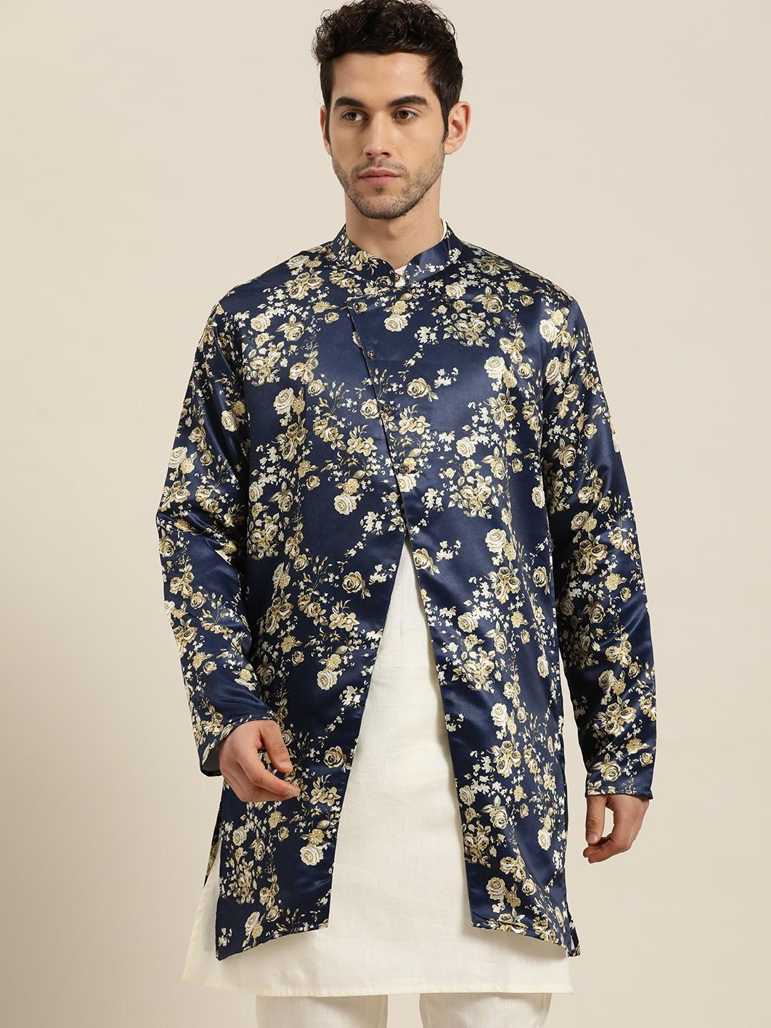SOJANYA Men Navy & Green Floral Print Longline Tailored Jacket