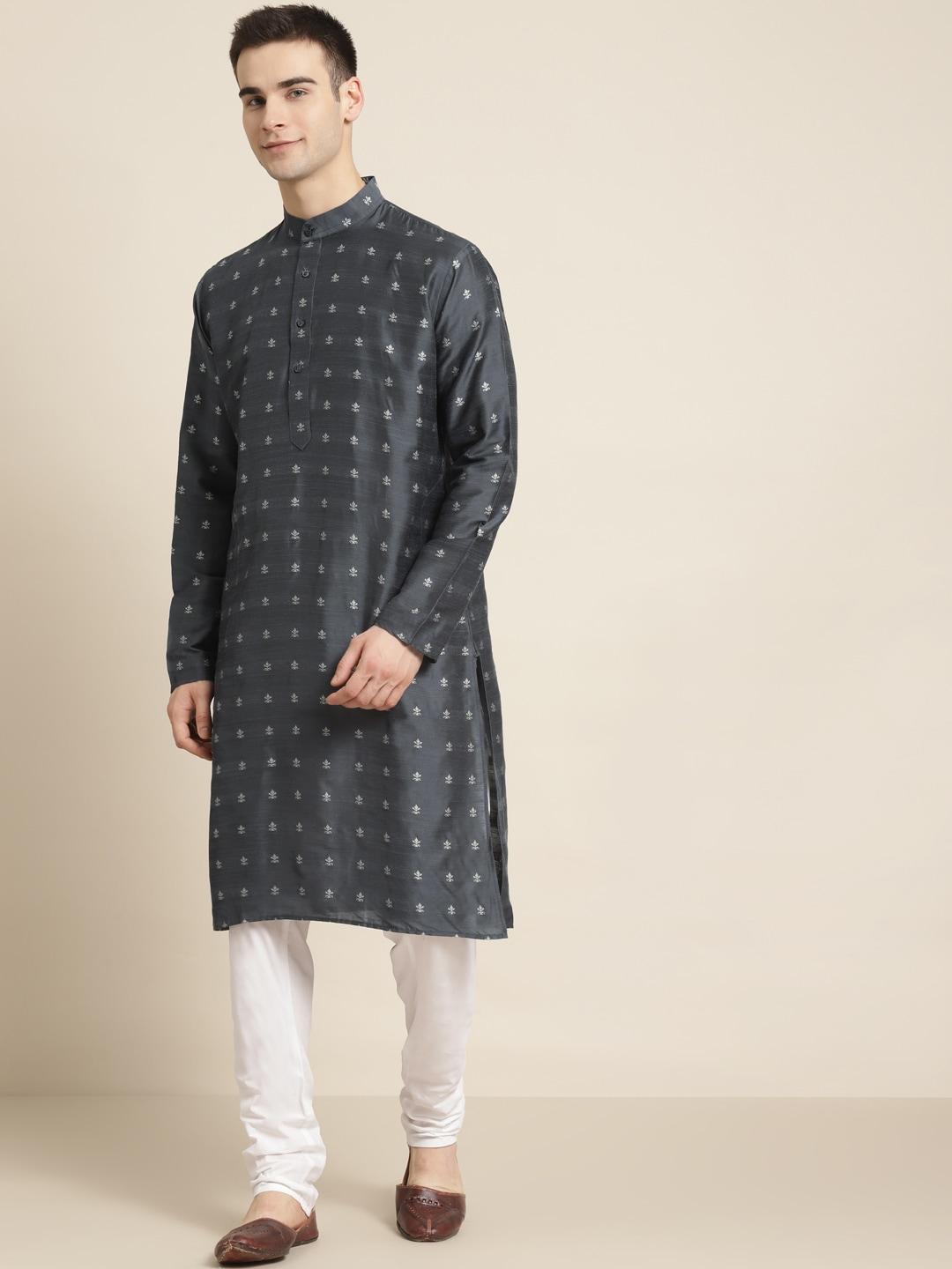 sojanya-men-charcoal-grey-&-white-self-design-kurta-with-churidar