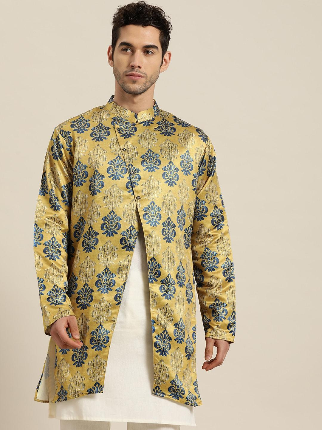 sojanya-men-mustard-yellow-&-blue-ethnic-print-longline-tailored-jacket