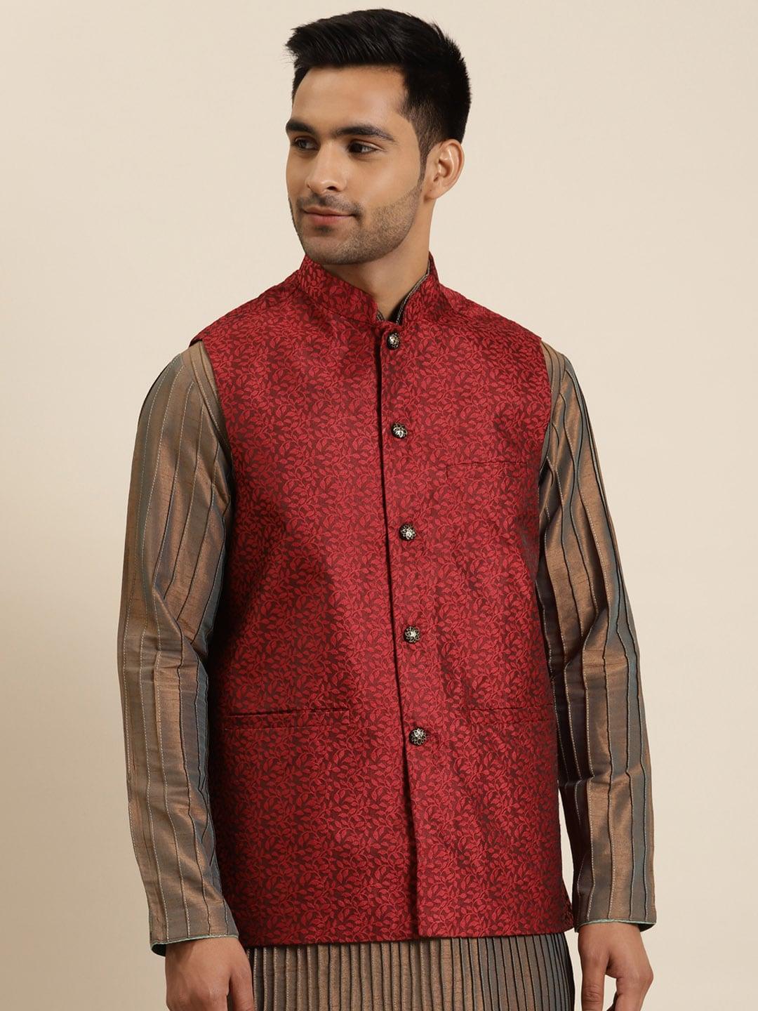 Sojanya Men Red & Black Jacquard Woven Design Nehru Jacket