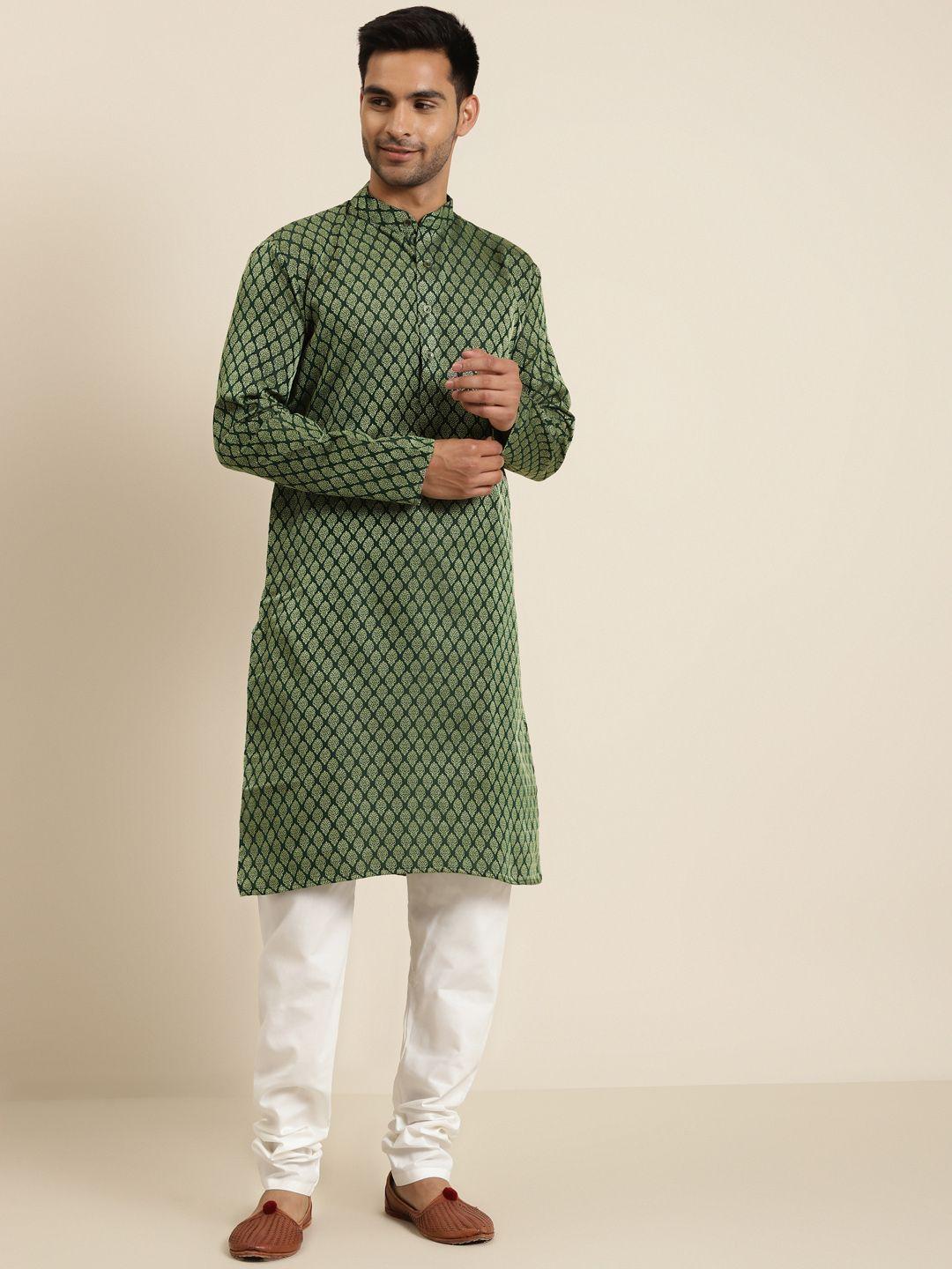 sojanya-men-green-&-off-white-woven-design-kurta-with-churidar