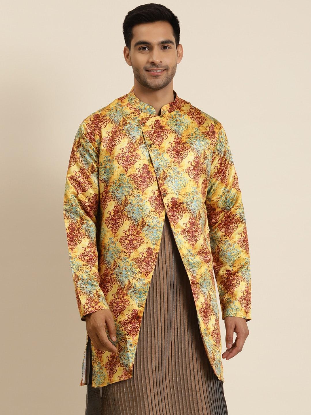 sojanya-men-mustard-yellow-&-maroon-printed-tailored-jacket