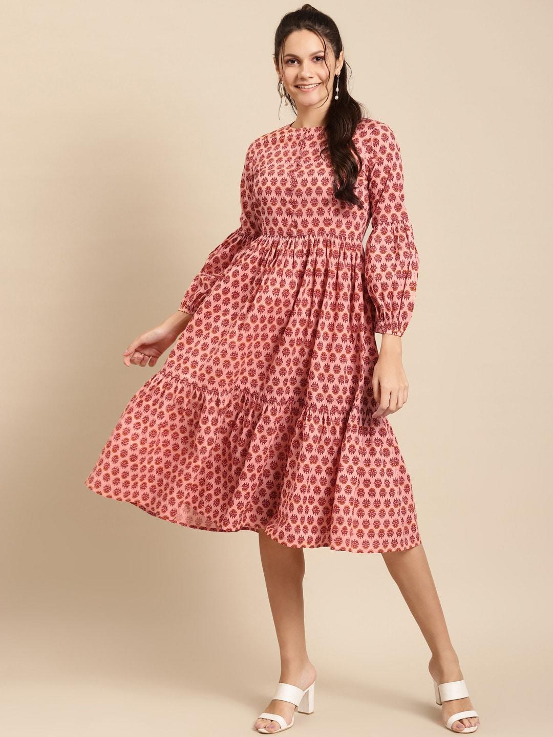 mabish-by-sonal-jain-women-pink-&-mustard-pure-cotton-printed-a-line-tiered-dress