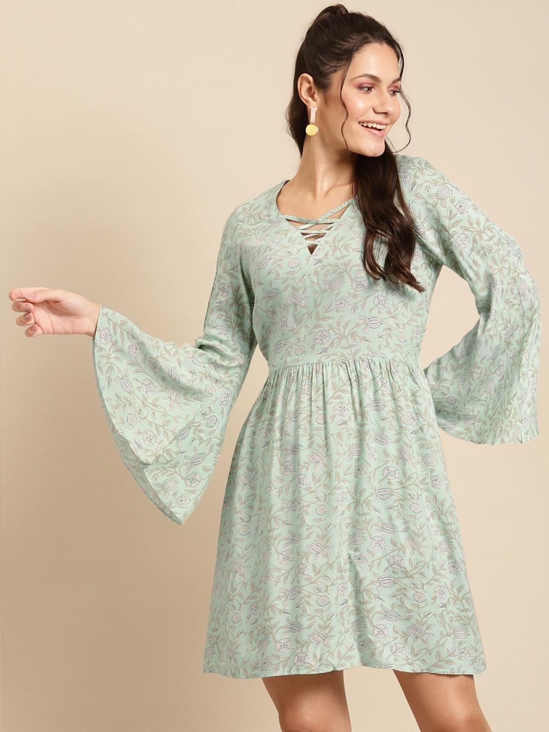 MABISH by Sonal Jain Women Sea Green & Grey Cotton Floral Print A-Line Dress