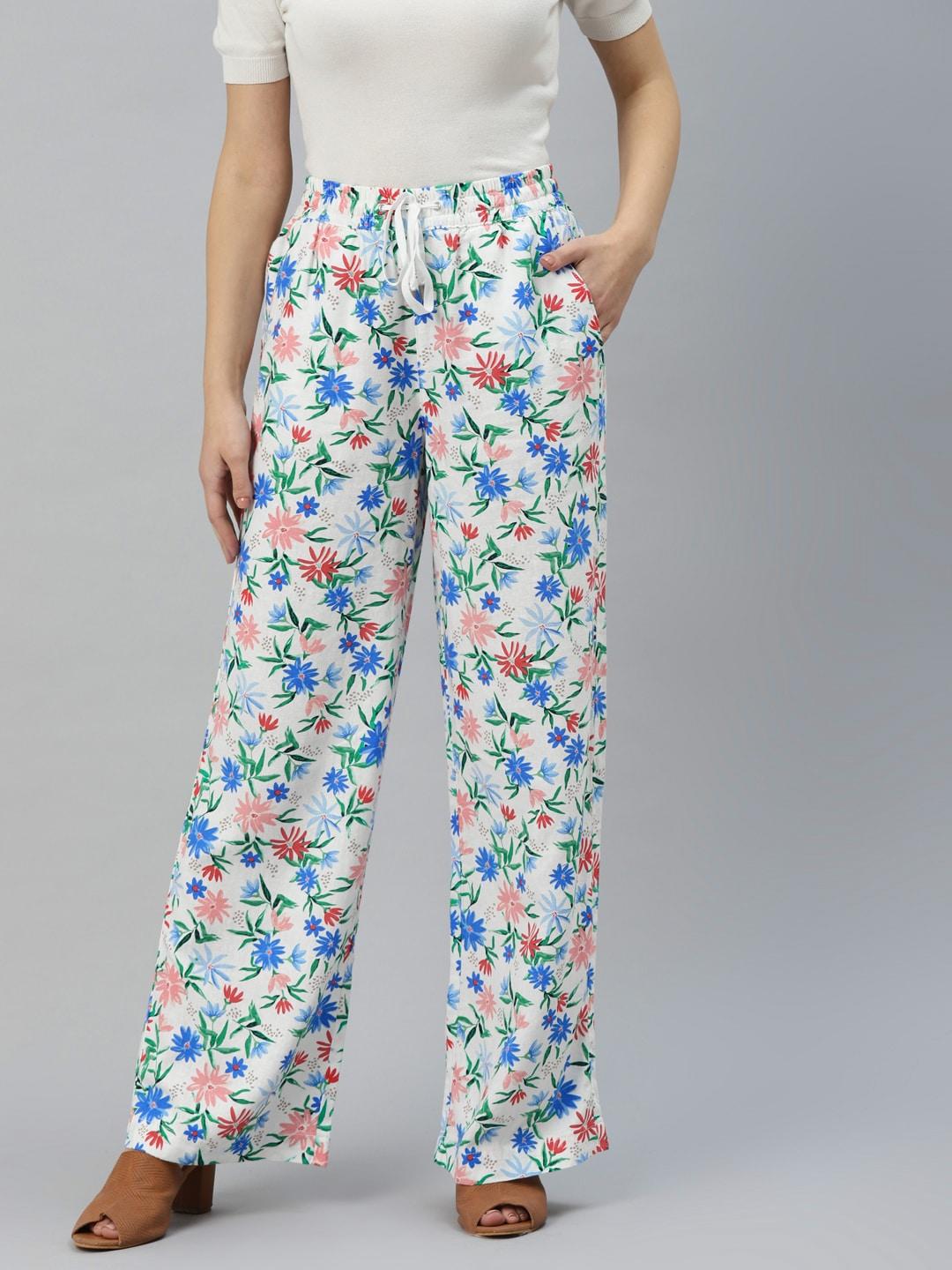Marks & Spencer Women White & Blue Floral Print Trousers