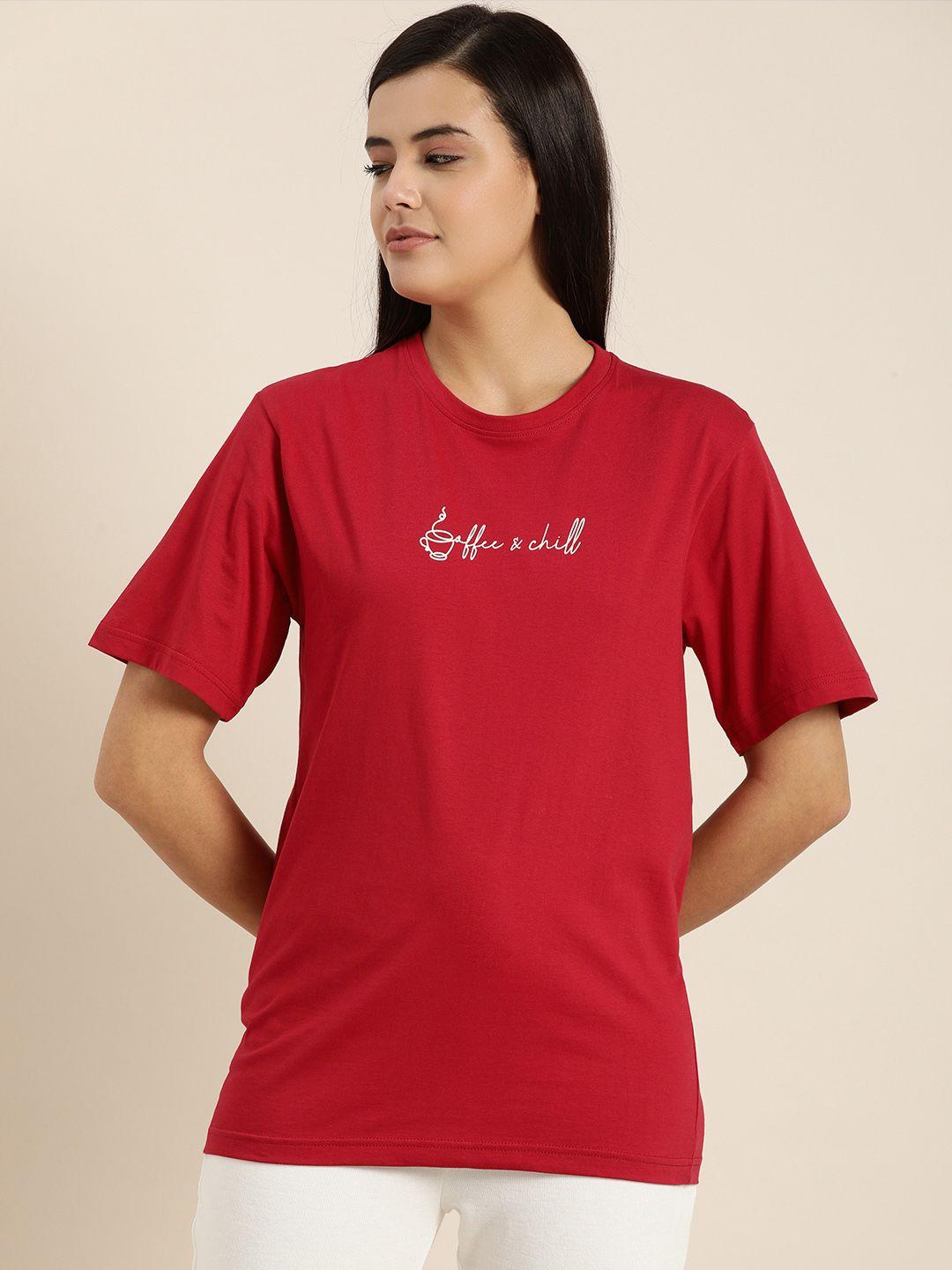 QUARANTINE Women Red & White Printed Loose T-shirt