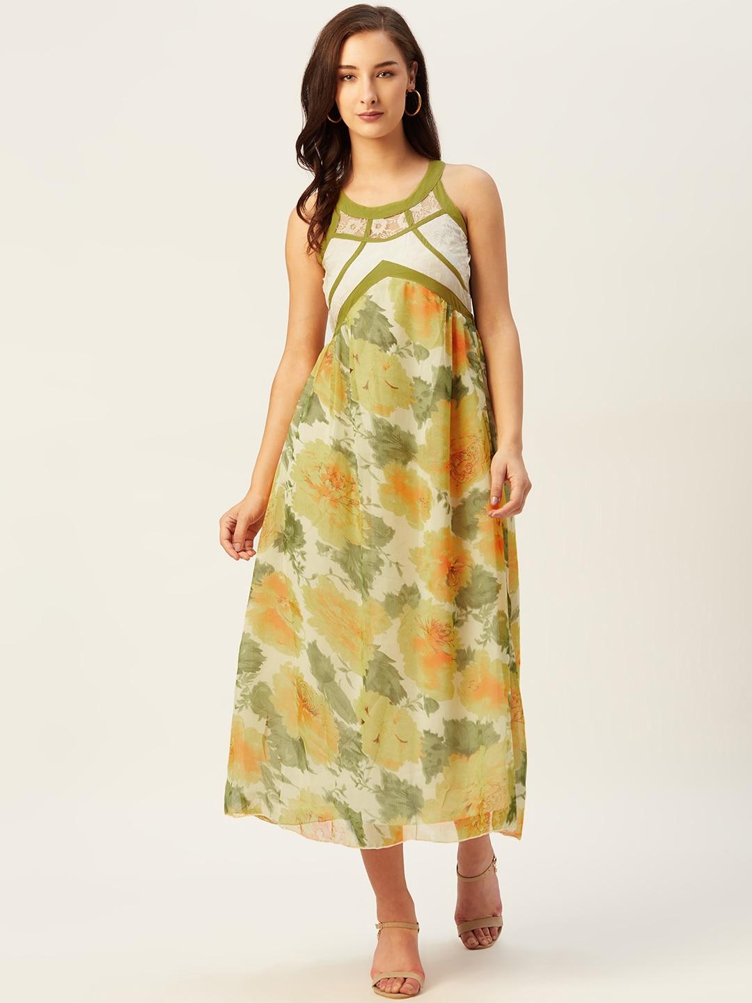 Belle Fille Women Off-White & Yellow Floral Printed Midi A-Line Dress
