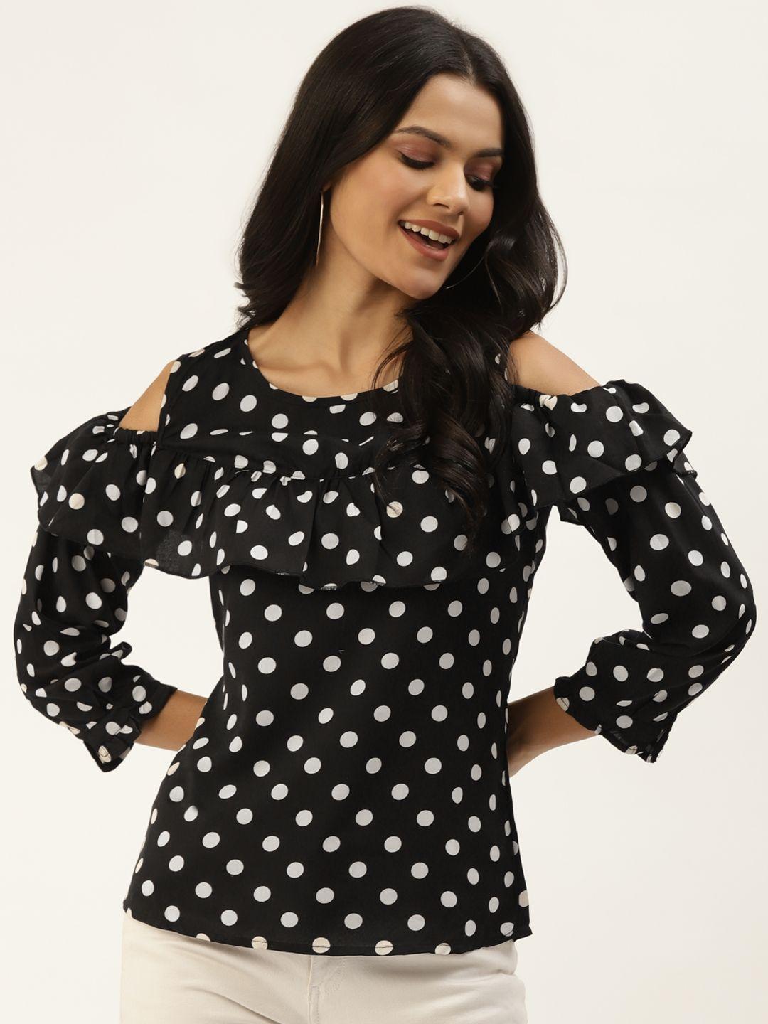 Belle Fille Black & White Printed Cold-Shoulder Sleeves Polka Dot Print Ruffled Top