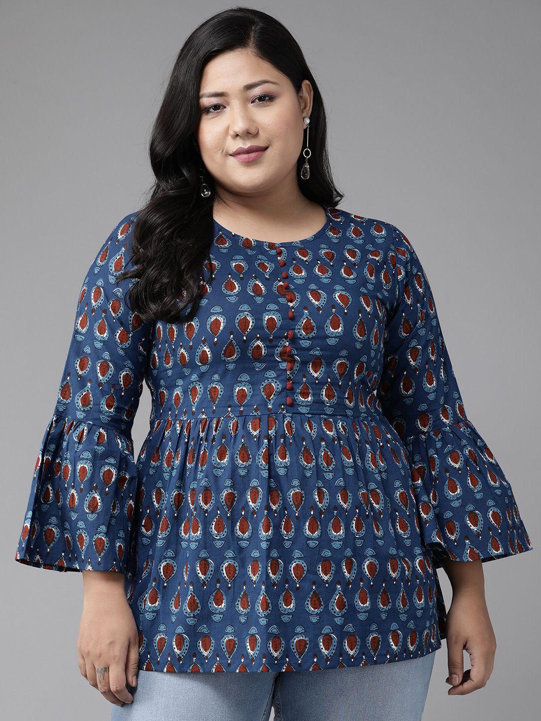 YASH GALLERY Plus Size Navy Blue & Maroon Bell Sleeve A-Line Longline Top
