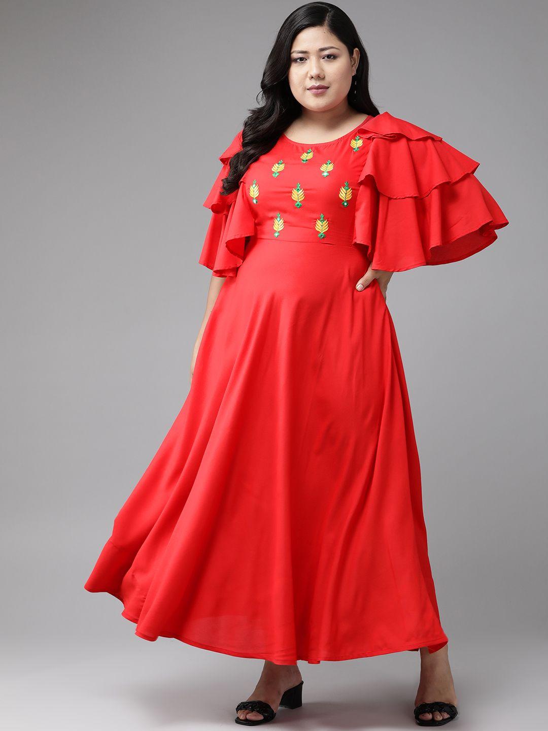 yash-gallery-plus-size-red-ethnic-motifs-embroidered-flutter-sleeves-maxi-dress