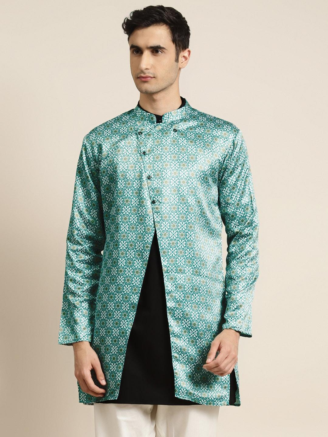 sojanya-men-green-&-beige-printed-longline-tailored-jacket