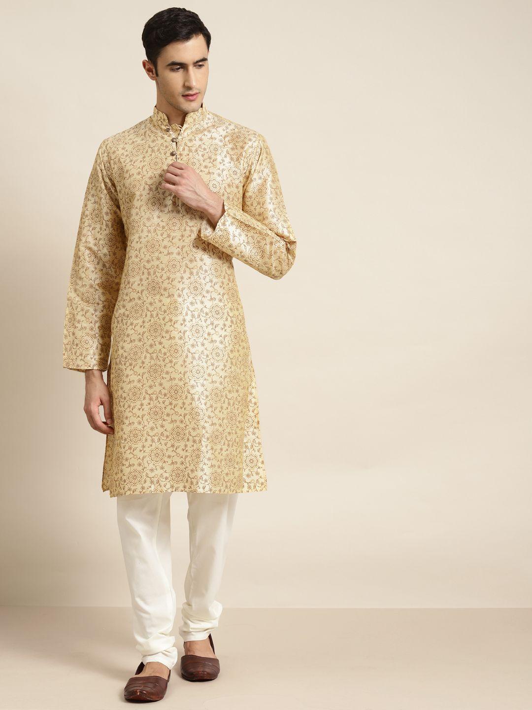 sojanya-men-beige-&-golden-ethnic-motifs-print-straight-kurta-with-pyjamas