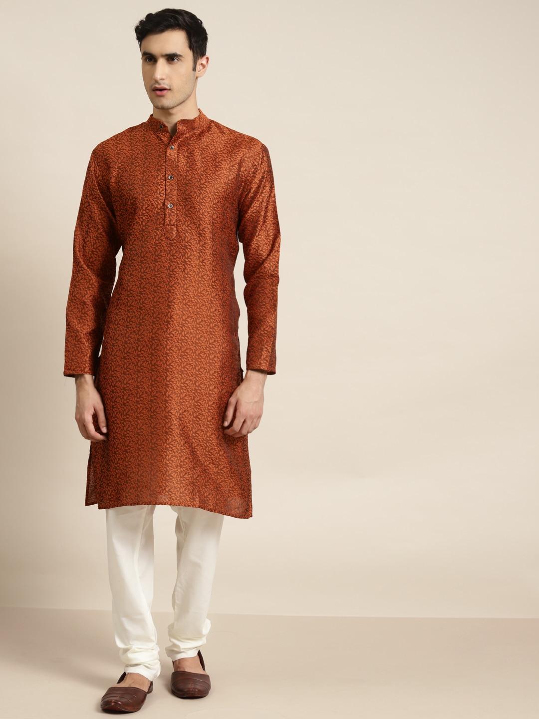 sojanya-men-rust-orange-floral-jacquard-woven-design-straight-kurta-with-churidar