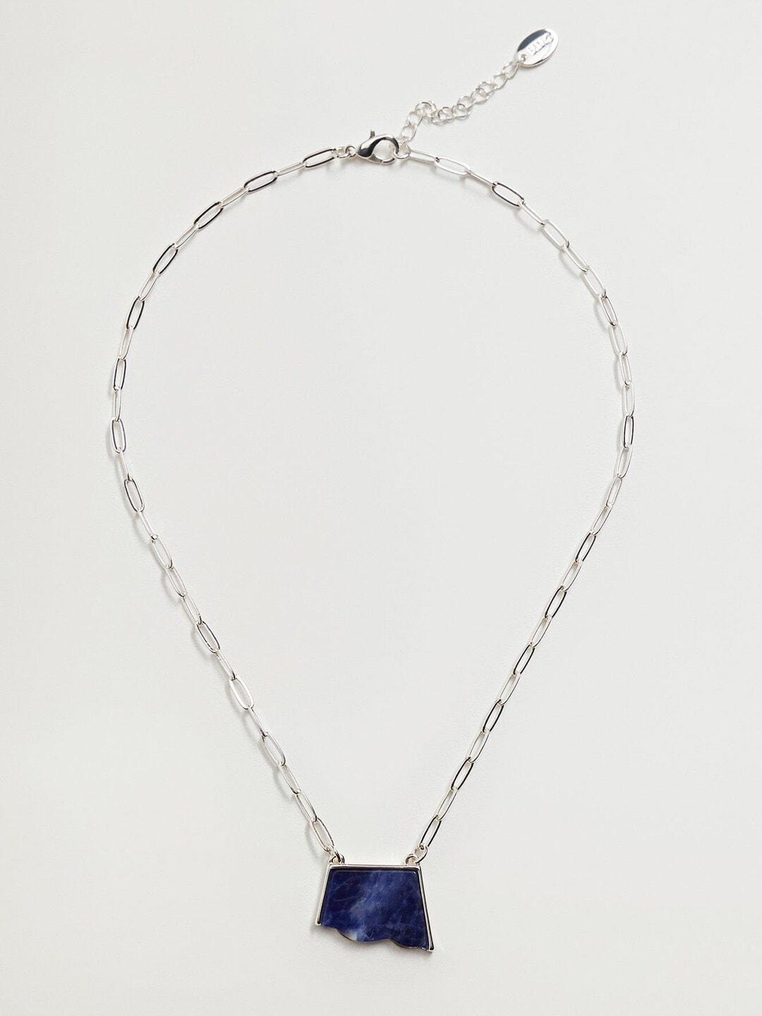 MANGO Silver-Toned & Navy Blue Asymmetric Stone Studded Chain Link Necklace