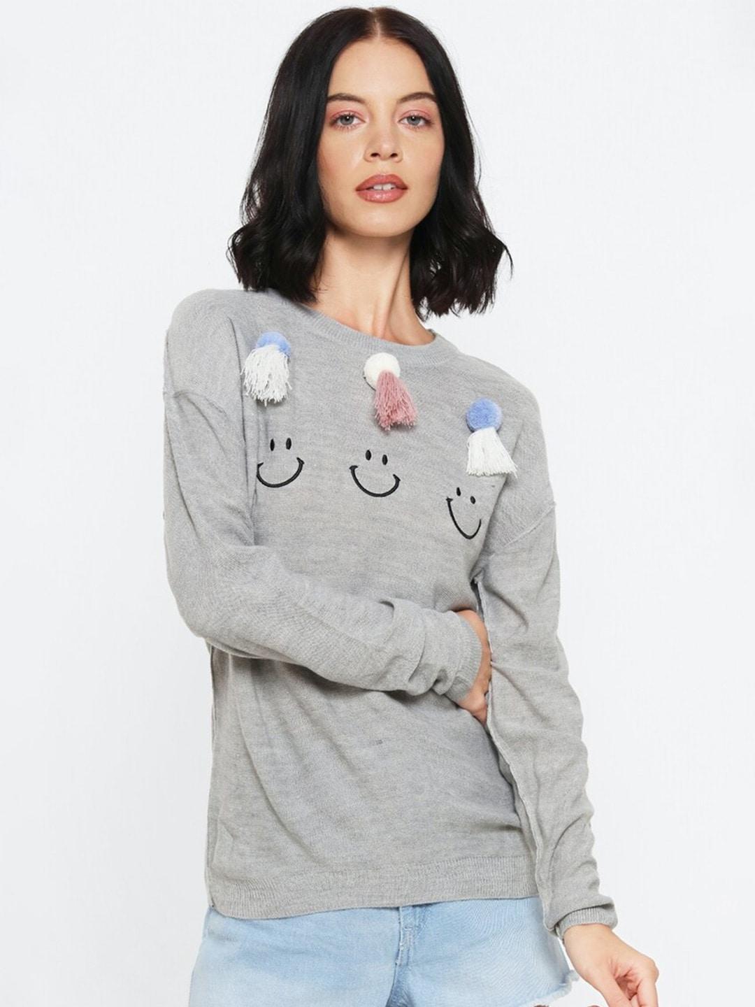 FOREVER 21 Women Grey Embroidered Pullover Sweater