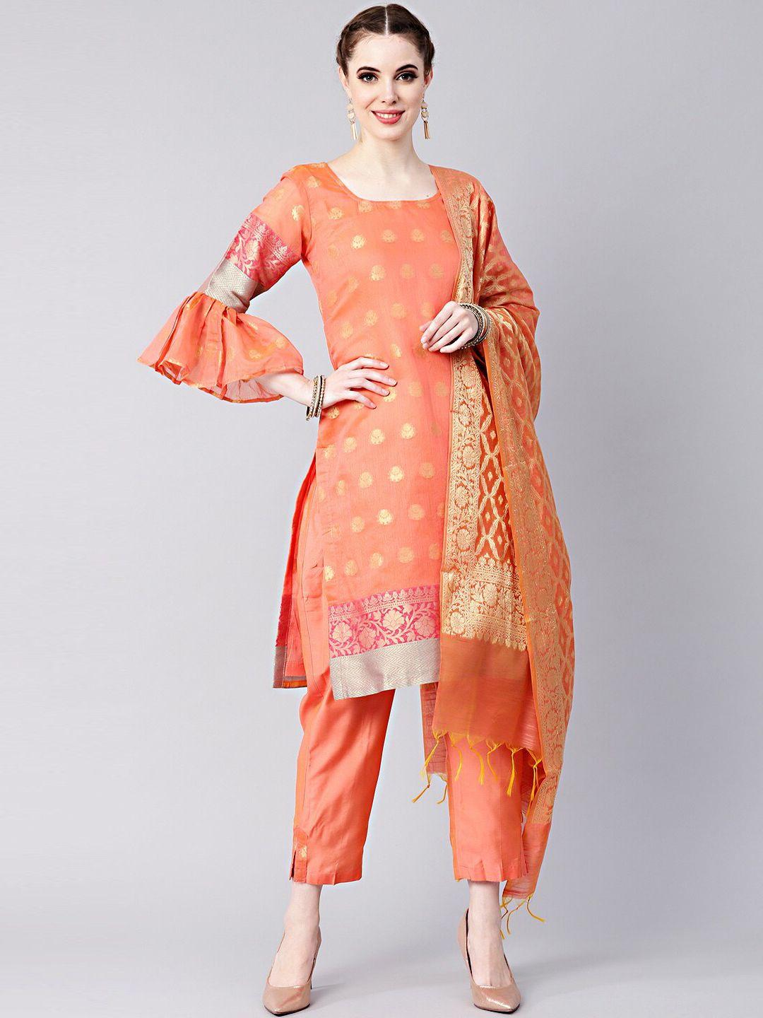 Chhabra 555 Peach-Coloured & Gold-Toned Art Silk Unstitched Dress Material