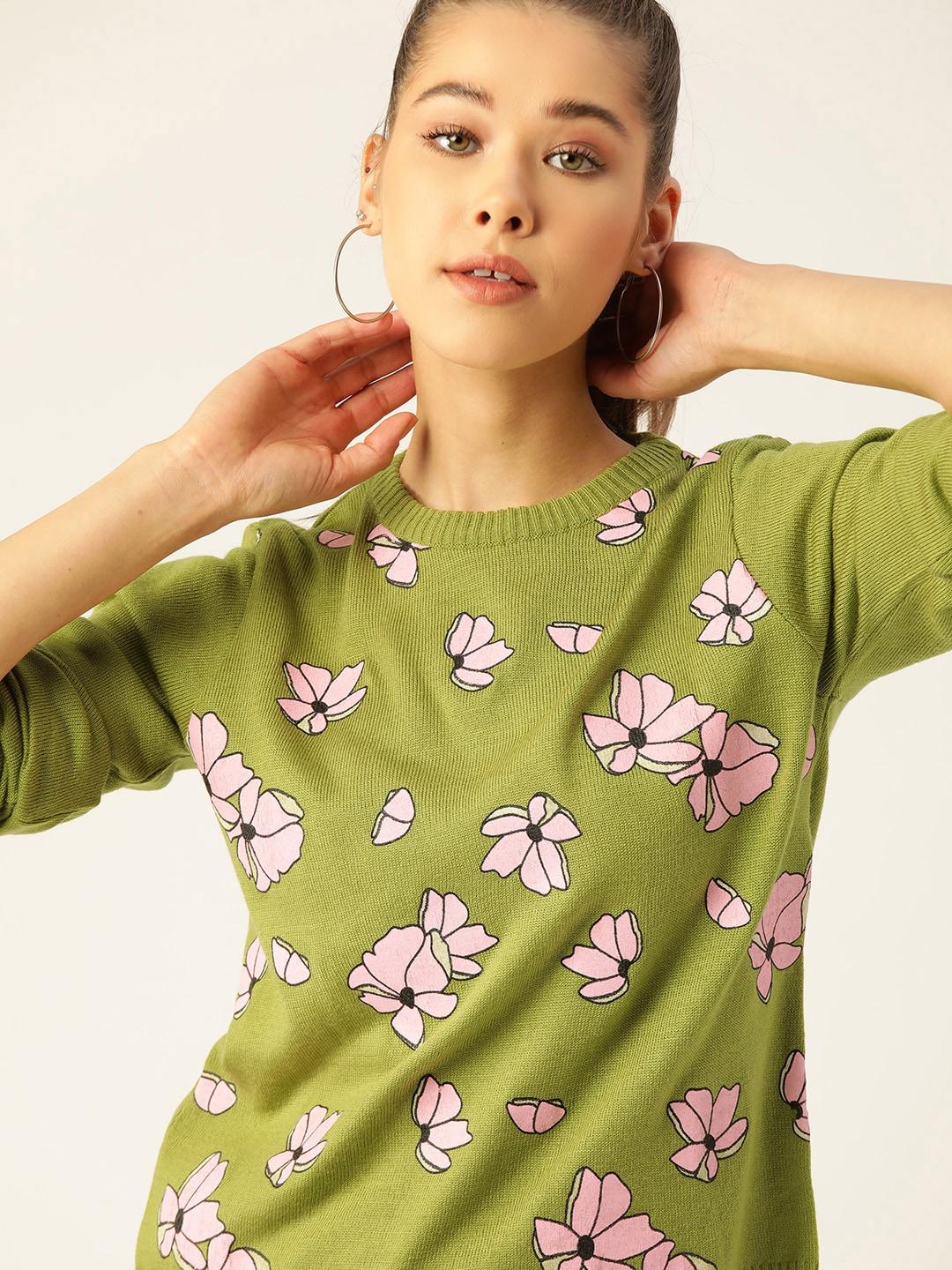 DressBerry Women Green & Pink Floral Print Acrylic Pullover Sweater
